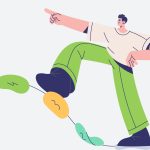 Ilustración de un hombre subiendo una montaña de pensamientos negativos, para hablar de cómo cambiar pensamientos negativos.