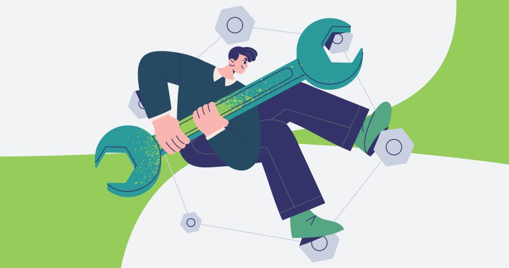 Ilustración de un hombre con una llave fija gigante, para hablar de cómo cambiar pensamientos negativos.