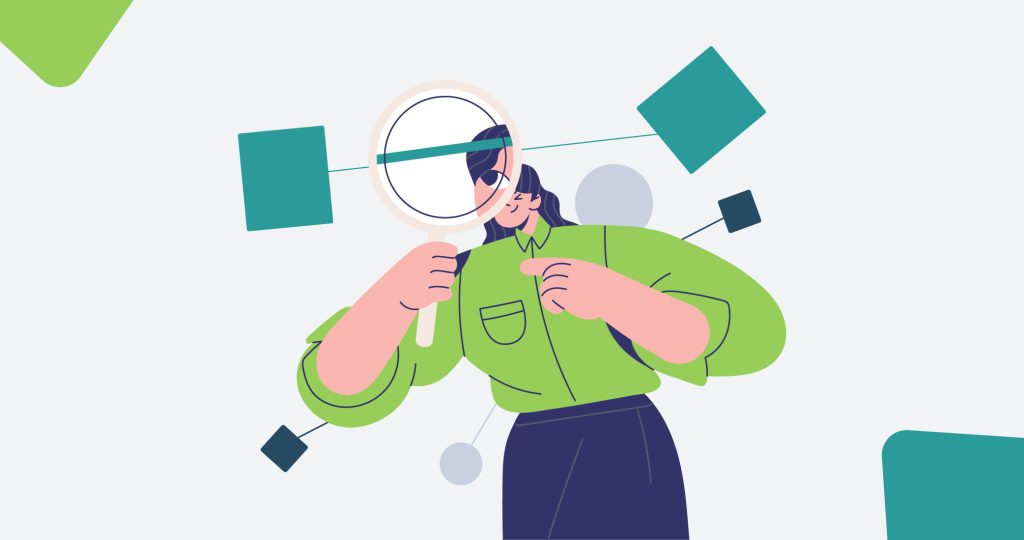 Ilustración de una mujer mirando a través de una lupa enorme, para hablar de cómo cambiar pensamientos negativos.