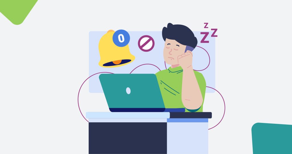 Ilustración de un joven delante de un ordenador portátil sin mensajes de email en su bandeja de entrada y sin alertas en la campanita de avisos de notificaciones, para hablar de cómo superar el ghosting.