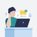 Ilustración de una mujer joven delante de un ordenador portátil sin mensajes de email en su bandeja de entrada, para hablar de cómo superar el ghosting.