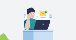 Ilustración de una mujer joven delante de un ordenador portátil sin mensajes de email en su bandeja de entrada, para hablar de cómo superar el ghosting.