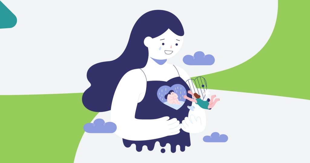 Ilustración de una mujer joven con un corazón dibujado sobre su pecho en el que se ve a ella misma encerrada, para hablar del día mundial de la lucha contra la depresión.