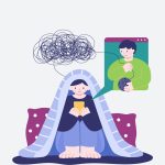 Ilustración de una mujer joven sentada y tapada bajo una manta con pensamientos depresivos en su cabeza, para hablar del día mundial de la lucha contra la depresión