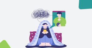 Ilustración de una mujer joven sentada y tapada bajo una manta con pensamientos depresivos en su cabeza, para hablar del día mundial de la lucha contra la depresión