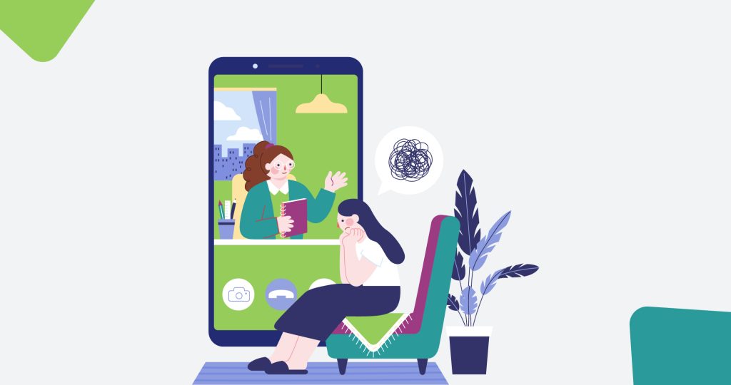 Ilustración de una mujer joven sentada en un sillón, preocupada, delante de un teléfono móvil gigante desde el que la están hablando, para hablar del día mundial de la lucha contra la depresión.