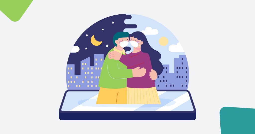 Ilustración de una pareja sobre un fondo de ciudades diferentes, una de día y otra de noche, unidas por un teléfono móvil gigante, para hablar de las relaciones a distancia.