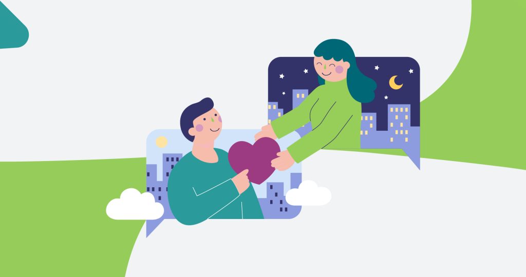 Ilustración de una pareja sobre un fondo de ciudades diferentes, una de día y otra de noche, unidas metafóricamente por un corazón, para hablar de las relaciones a distancia.