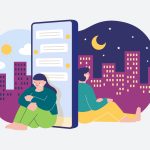 Ilustración de una pareja sobre un fondo de ciudades diferentes, una de día y otra de noche, separadas por un teléfono móvil gigante con mensajes de WhatsApp, para hablar de las relaciones a distancia.