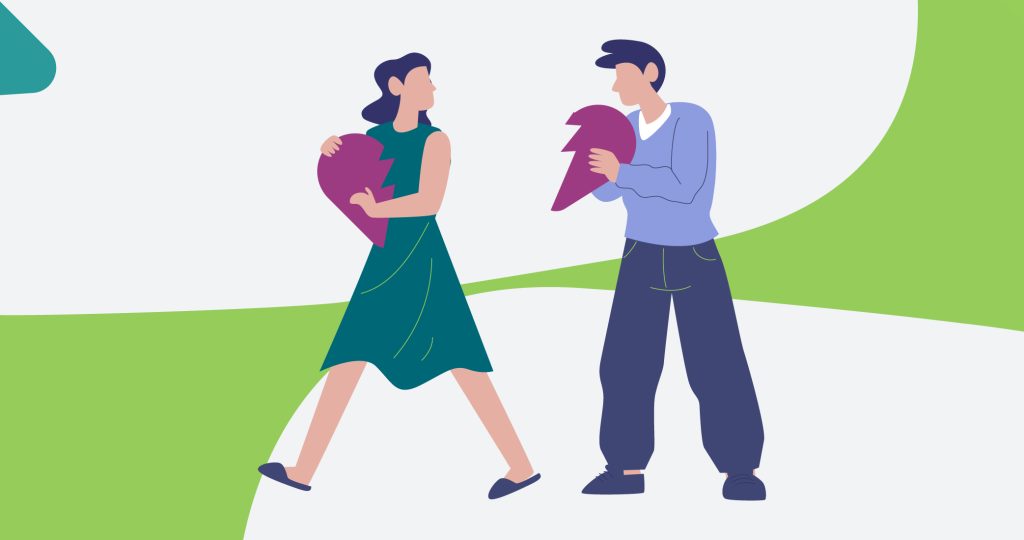 Ilustración de una pareja separándose, cada uno con medio corazón roto en las manos, para hablar sobre las relaciones tóxicas.